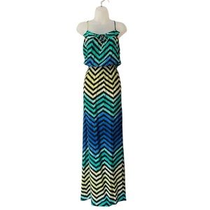 PARKER | NWT $280 Silk Ruffle Getaway Maxi Dress in Cobalt Chevron Print, Size L